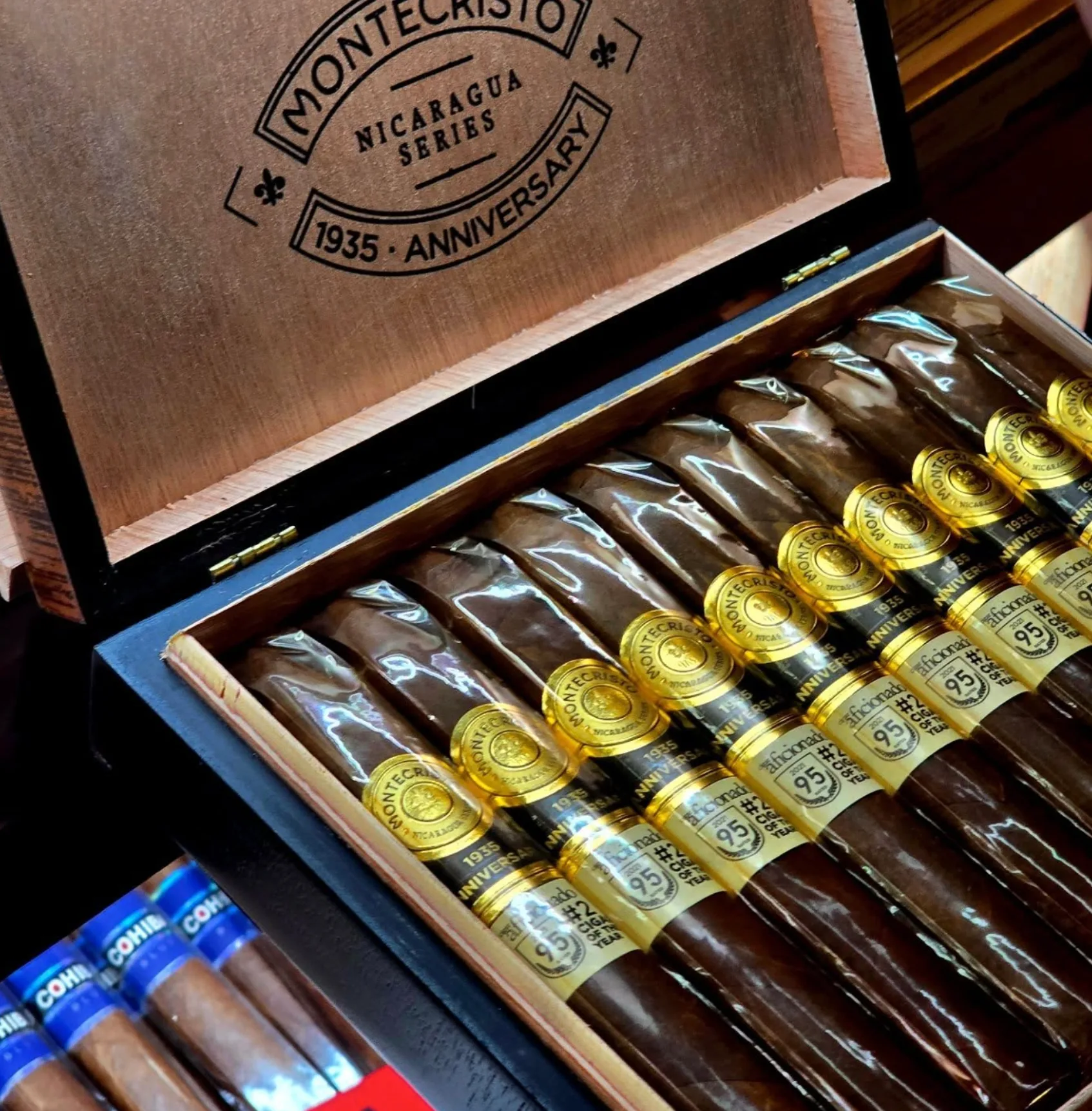 An open box of Montecristo 1935 Anniversary Nicaragua Series cigars